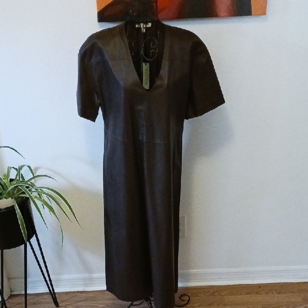 Faux Leather Look,  Dark Brown Midi Dress